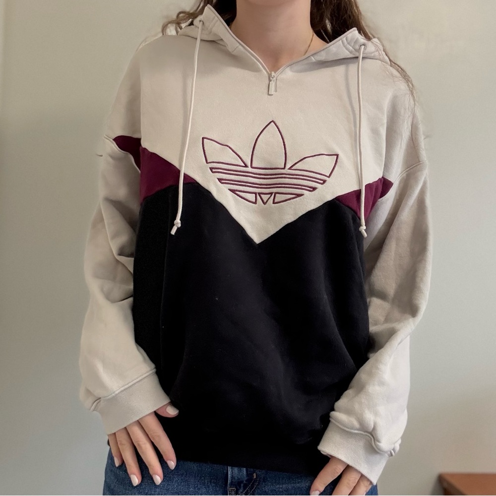 Classic Adidas Originals Chevron 1/4 Zip Hoodie - Tan, Black, & Burgundy